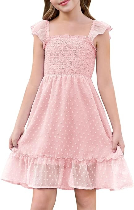 Haloumoning Girls Summer Midi Dress Swiss Dot Smocked Sundress Ruffle Sleeve Square Neck Chiffon ... | Amazon (US)