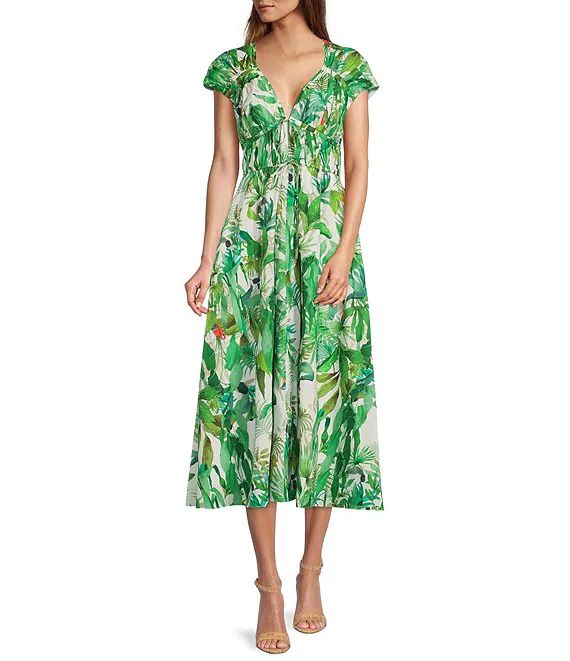 Victoria Tropical Print Poplin V-Neck Cap Sleeve Midi Dress | Dillard's