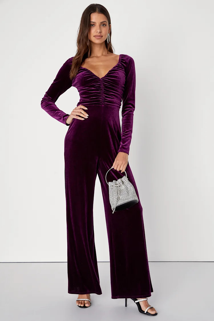 Energetic Disposition Purple Velvet Ruched Wide-Leg Jumpsuit | Lulus (US)