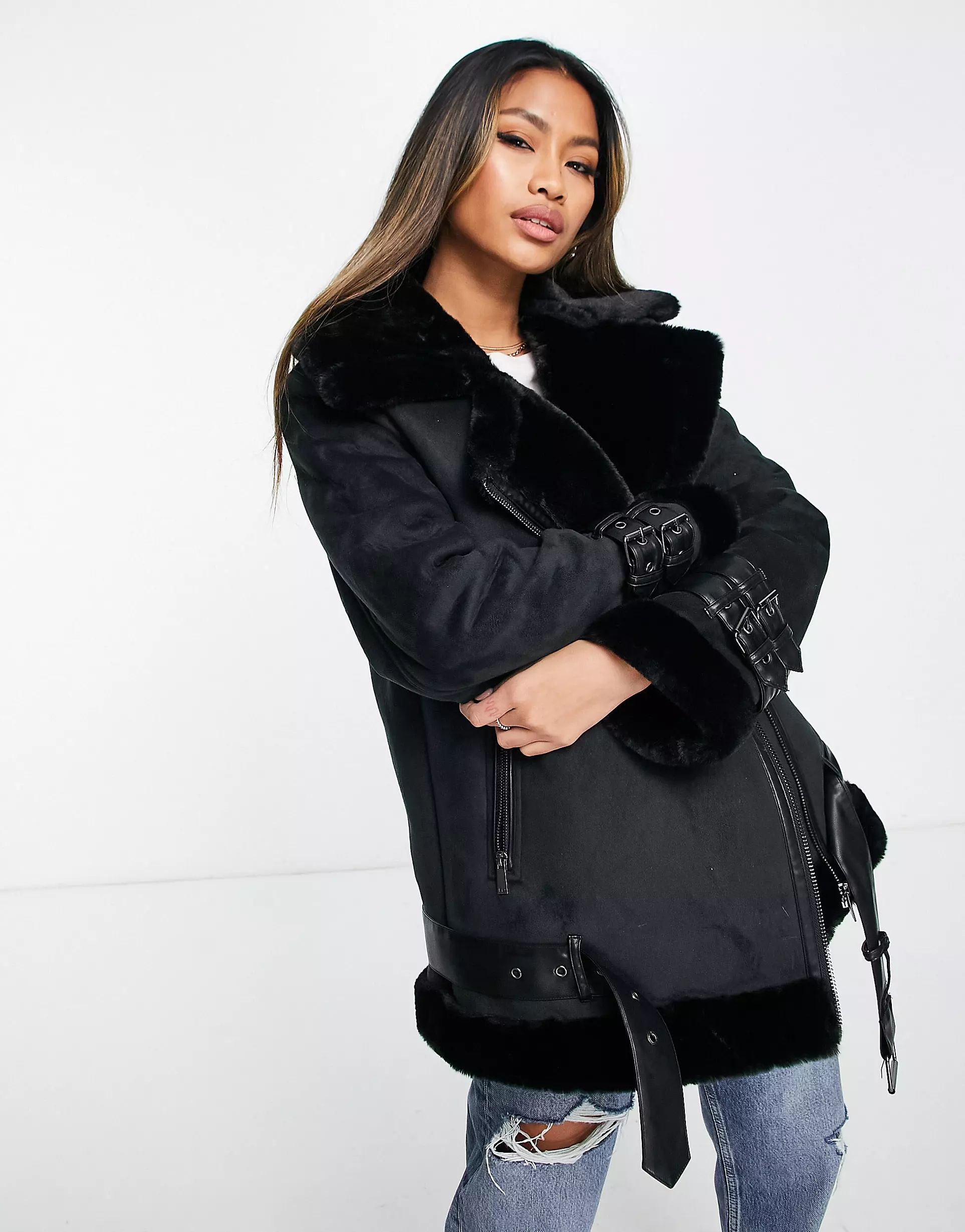 French Connection faux shearling aviator jacket in black | ASOS | ASOS (Global)