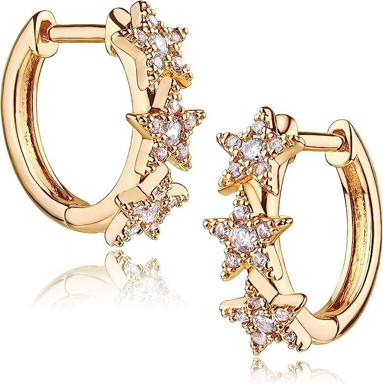 Mevecco 18K Gold Plated Huggie Earrings with Shining Cubic Zriconia Geometry Beads Star Hoop Earring | Amazon (US)