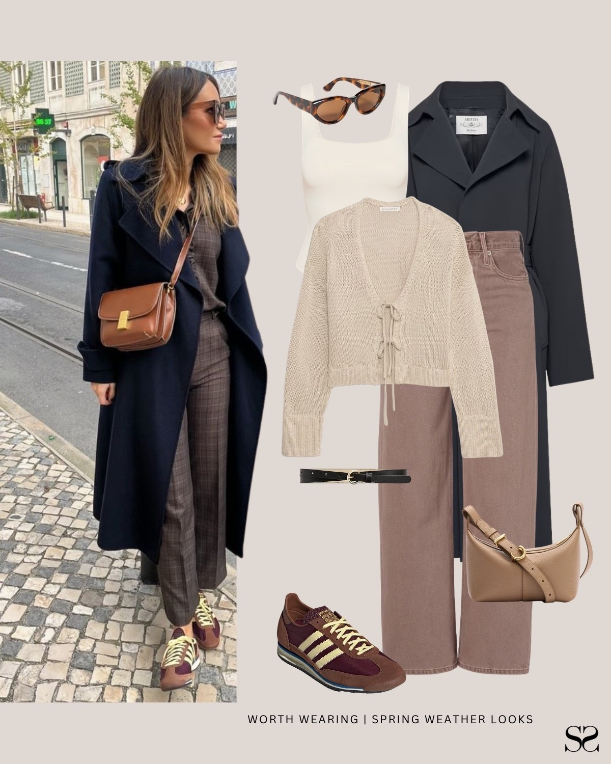 Outfit ideas when spring weather can’t make up its mind: 

Cold at 7am, warm by noon, everything underneath still works when the coat comes off by afternoon.

Navy wool or trench coat, tie-front cream cardigan, white bodysuit, brown wide leg pants, brown Adidas sneakers, taupe shoulder bag, tortoise sunglasses, black belt


#LTKgrwm #LTKSeasonal #LTKootd
