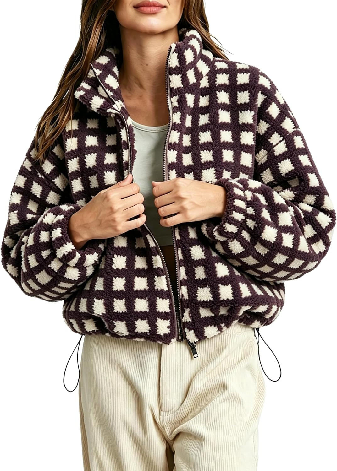 Esmeling Women’s Long Sleeve Cropped Sherpa Fleece Plaid Jacket Casual Chunky Teddy Fleece Outerwear | Amazon (US)