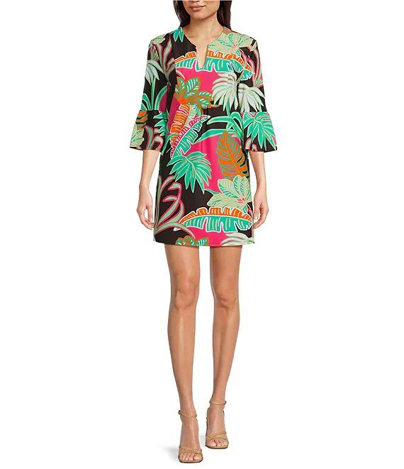 Kerry Grand Tropical Fronds Cocoa Print Split V-Neck 3/4 Bell Sleeve Knit Shift Dress | Dillard's