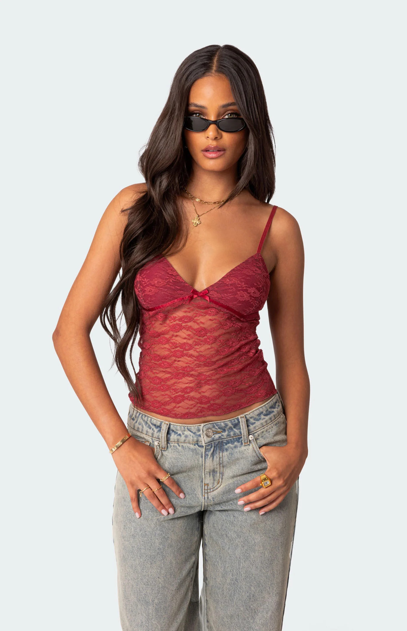 Edikted Women's Eira Sheer Lace Tank Top in Red - Size XL | PacSun