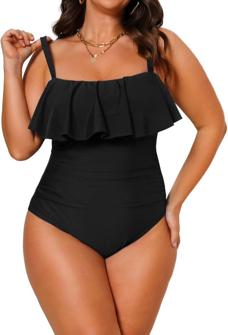 CUPSHE Women Swimsuit Plus Size One Piece Bathing Suit Flowy Ruffle Trim Ruched Front Tummy Contr... | Amazon (US)
