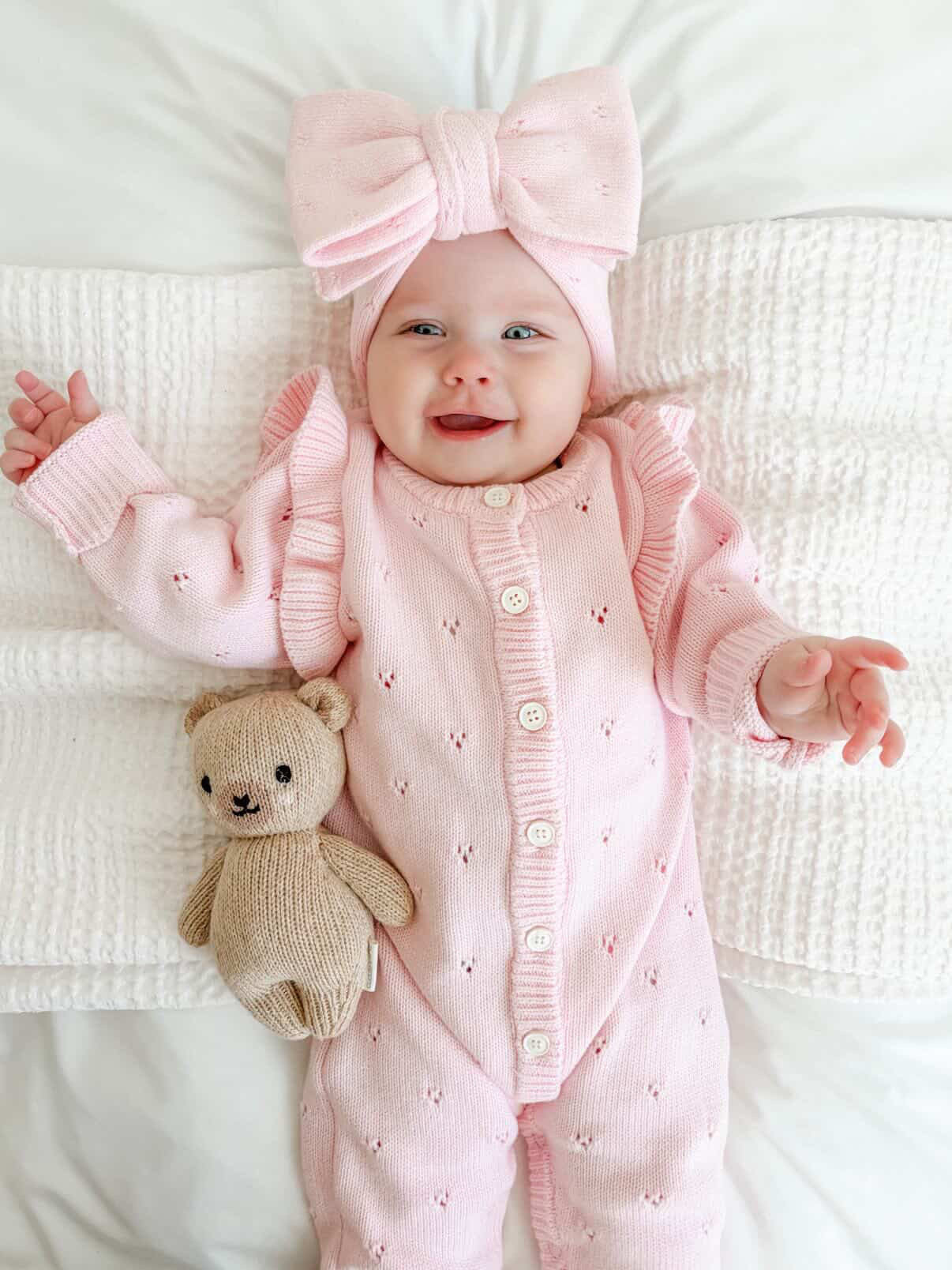 Knit Bow Baby Headband-Peony | Newborn Knit Headband | Gathered Lamb | Gathered Lamb