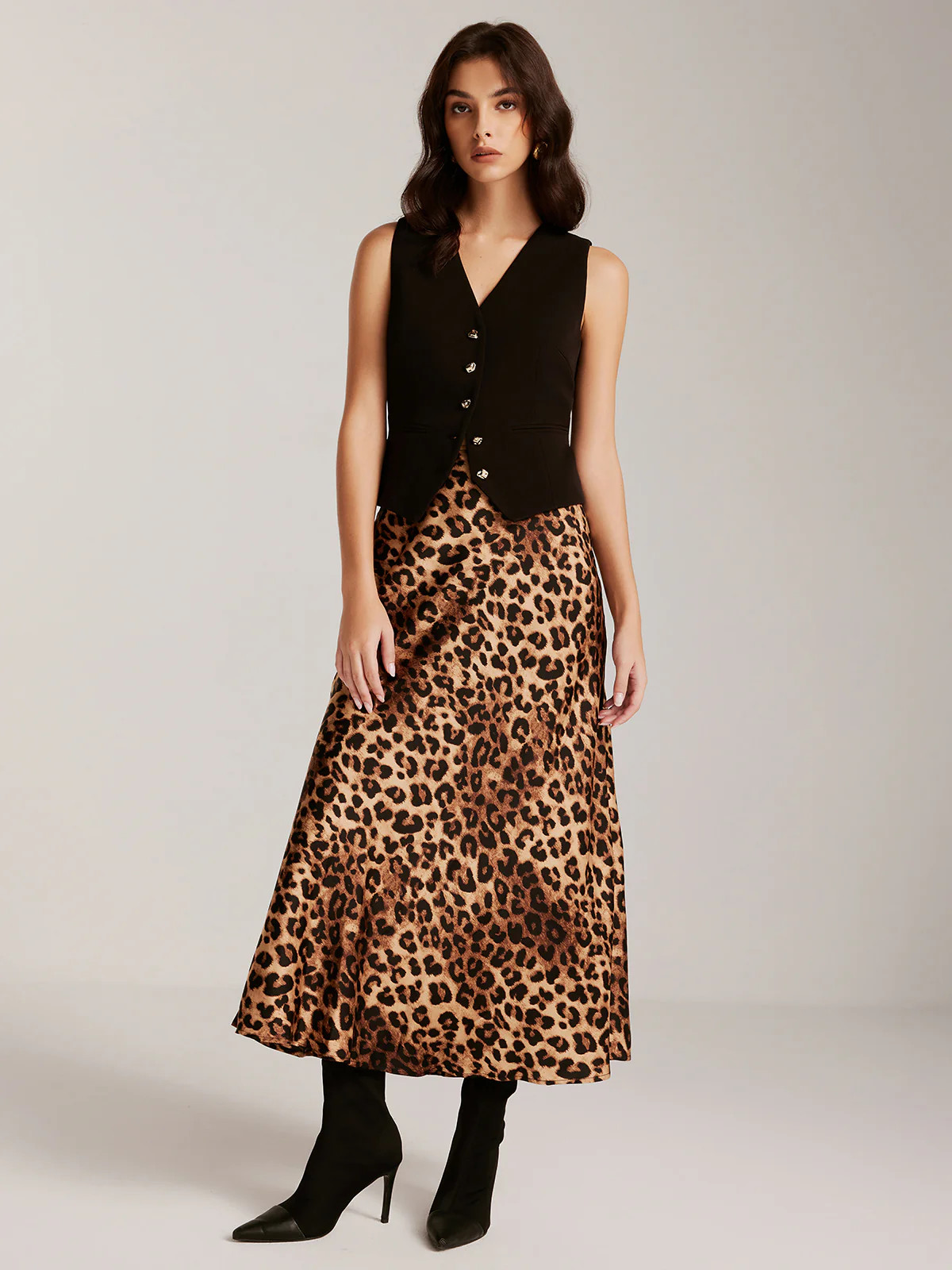 Metal-Button Vest With Leopard Zipper Skirt Set | Commense