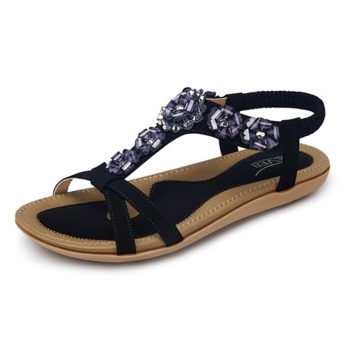 SHIBEVER Flat Sandals for Women Dressy: Black Size 7 Summer Flowers Dress Sandals- Comfortable Walking Soft Work Flats Womens Sandal | Amazon (US)