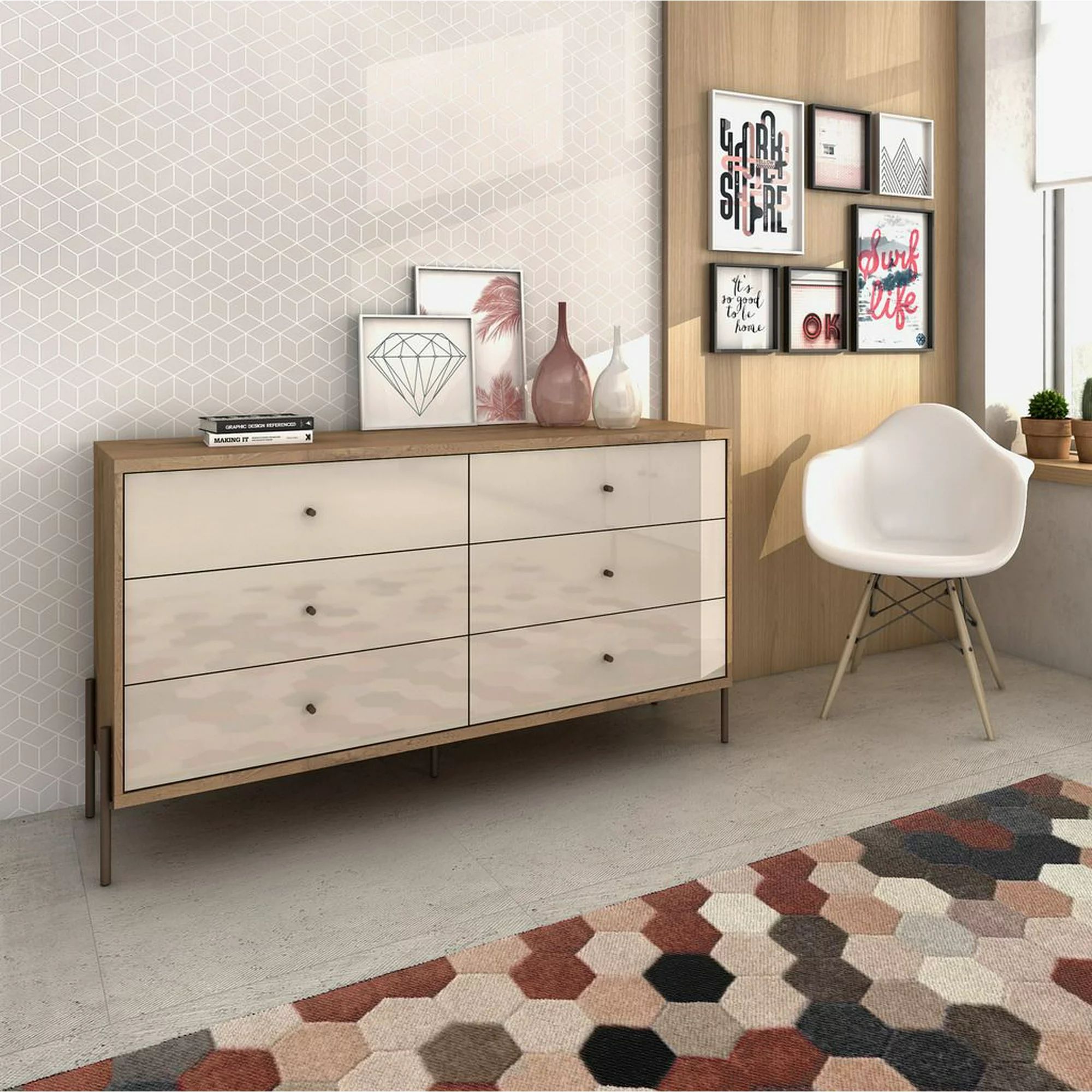 Manhattan Comfort Joy 59" Wide Double Dresser with 6 Full Extension Drawers in Off White | Walmart (US)