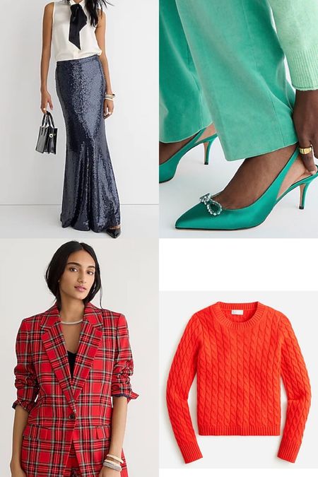 Looking for a holiday outfit? We adore this J Crew sequin maxi skirt, green slingback pumps, plaid wool blazer and red cashmere cable-knit crewneck sweater! #giftguide #holidayoutfit #blazer #plaid #sweater 

#LTKHoliday #LTKSeasonal #LTKGiftGuide