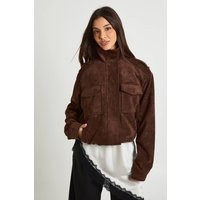 boohoo Women's Funnel Neck Faux Suede Pocket Detail Jacket in Chocolate | Size: 16 | Boohoo.com (UK & IE)