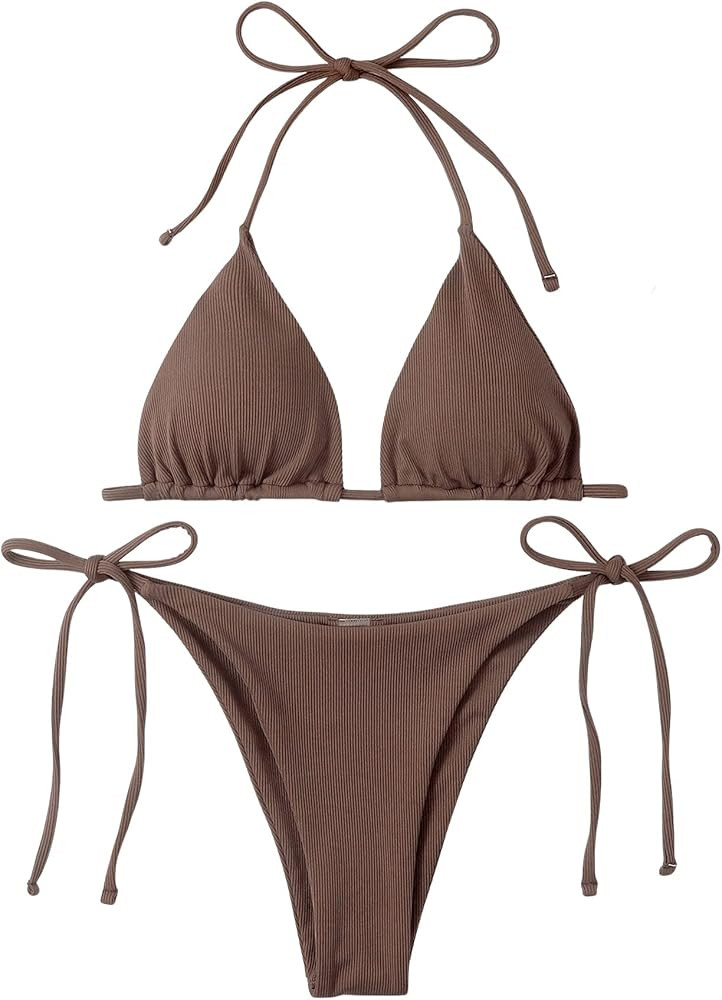 SOLY HUX Women's Metallic Halter Top Two Piece Swimsuit Tie Side Triangle Bikini | Amazon (US)