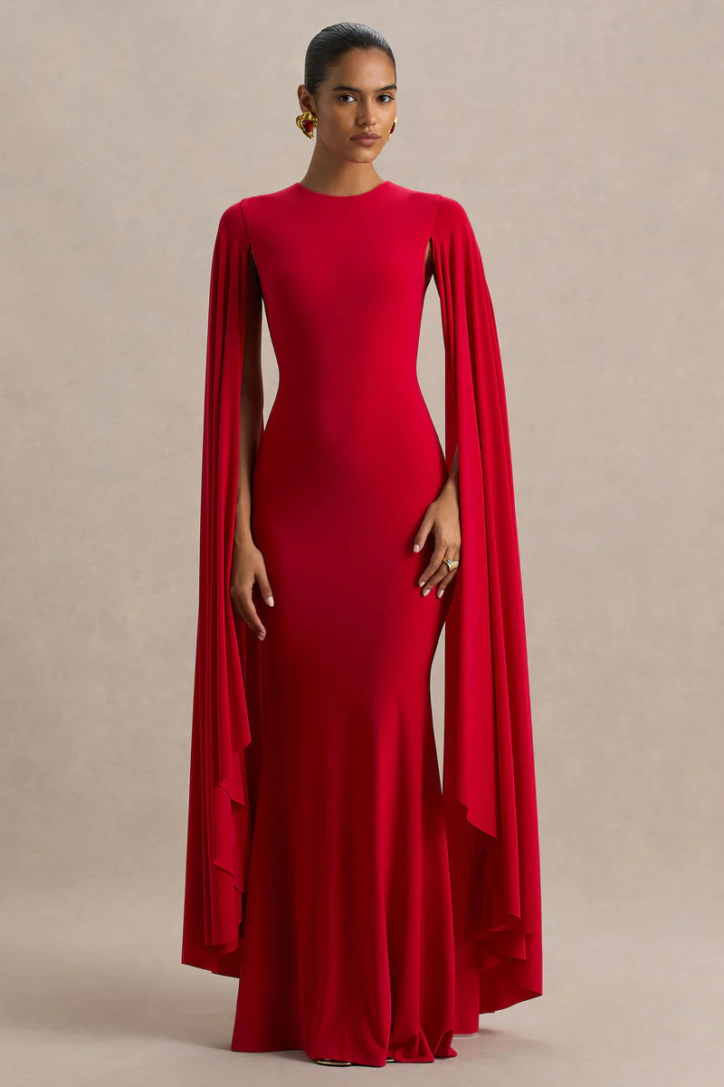 Briony  Red Crew-Neck Maxi Dress With Cape Sleeves | Club L London