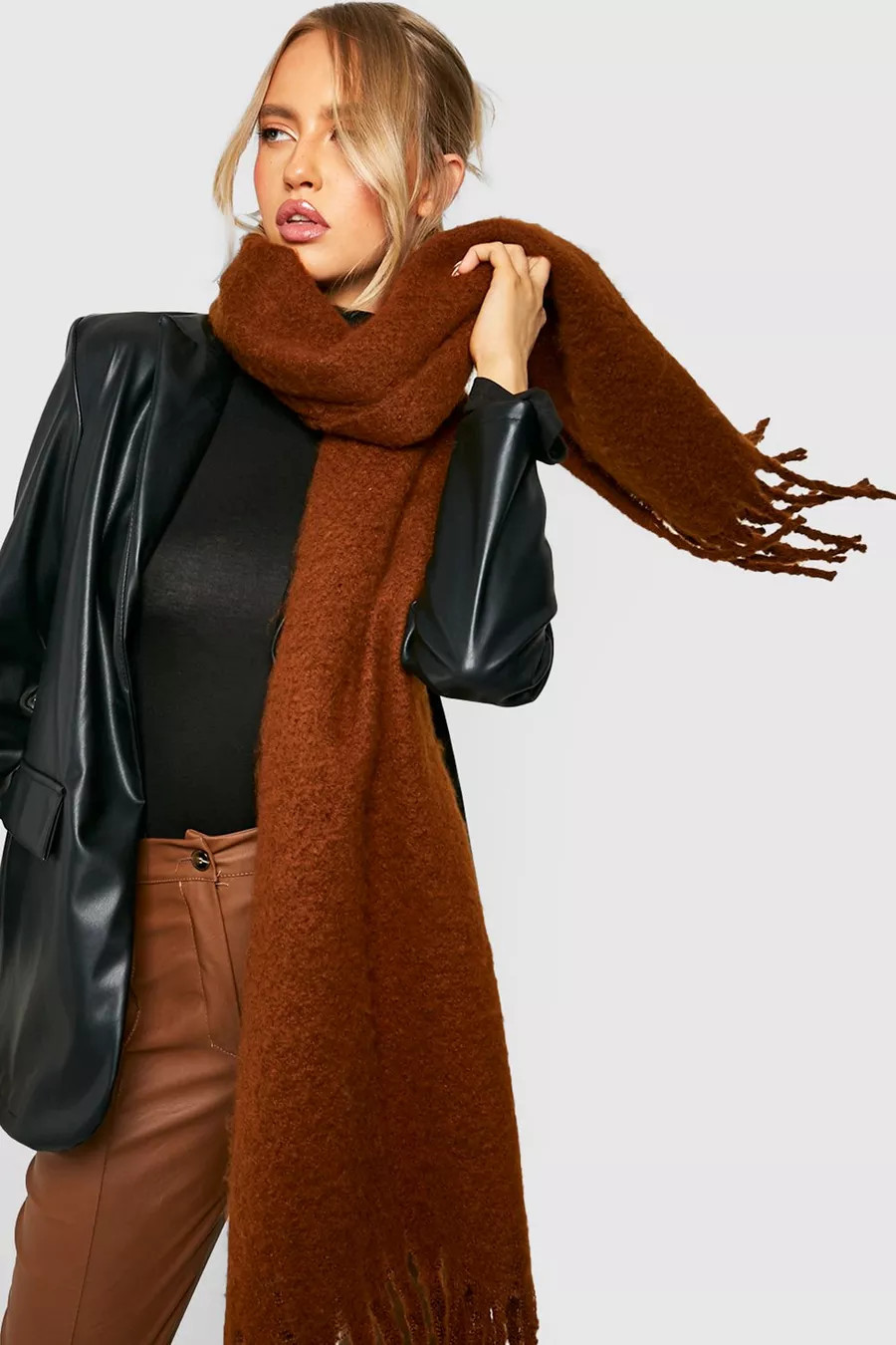 Chunky Chocolate Brown Fringe Scarf | Boohoo.com (UK & IE)