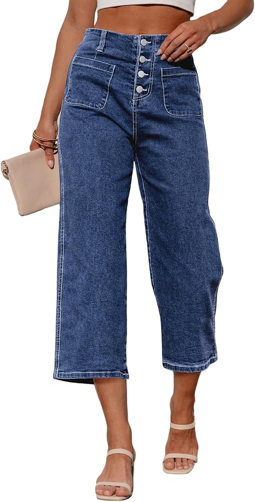 Sidefeel Women's Capri Pants Trendy Wide Leg Jeans High Waisted Stretchy Loose Cropped Denim Pant... | Amazon (US)