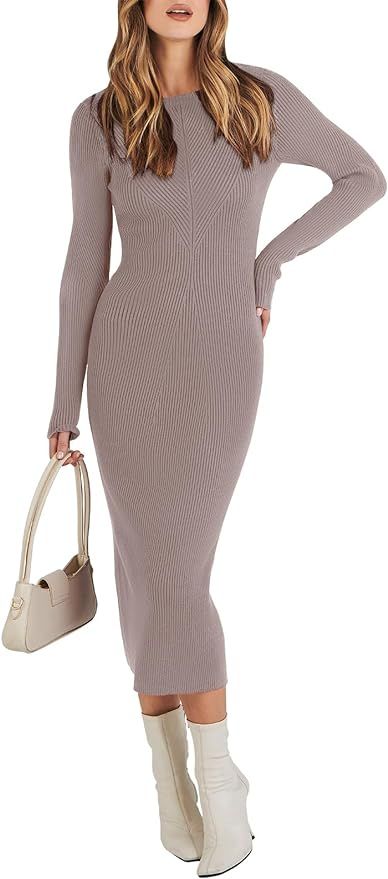 ANRABESS Women's 2023 Long Sleeve Sweater Dress Crewneck Slim Fit Ribbed Knit Bodycon Midi Dress | Amazon (US)
