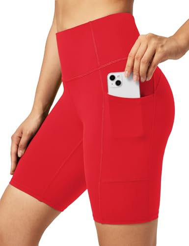 Ewedoos Biker Shorts Women Tummy Control Workout Shorts with 3 Pockets High Waisted Compression Gym Running Yoga Shorts Women Red | Amazon (US)