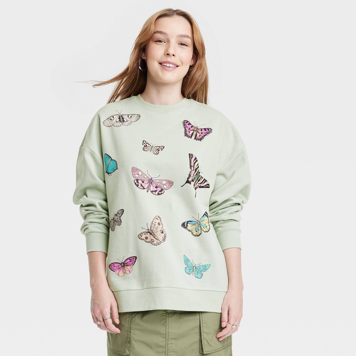 Women's Butterfly Graphic Sweatshirt - Light Green | Target