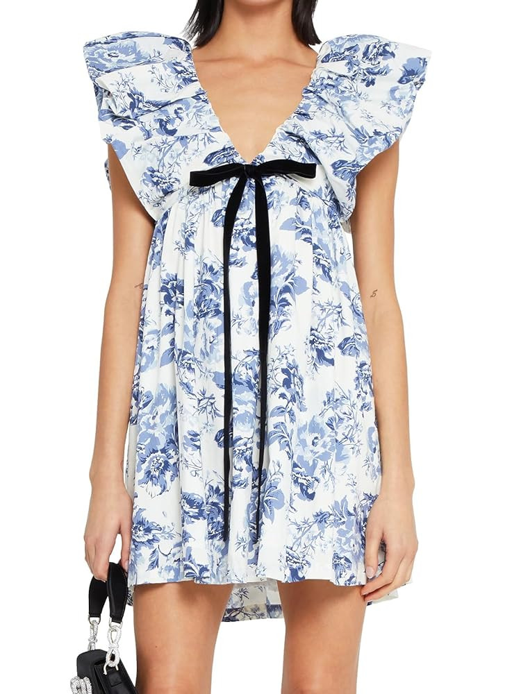 Women's Floral Bow V Neck Babydoll Mini Dress Flower Print Puffy Sleeve Boho Short Casual Loose F... | Amazon (US)