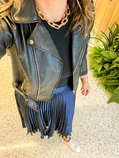 What I wore at the Better Homes & Gardens Style Maker event. I loved my satin pleated midi skit with sneakers. Topped with a vegan leather moto jacket for the perfect fall outfit. 

#LTKworkwear #LTKover40