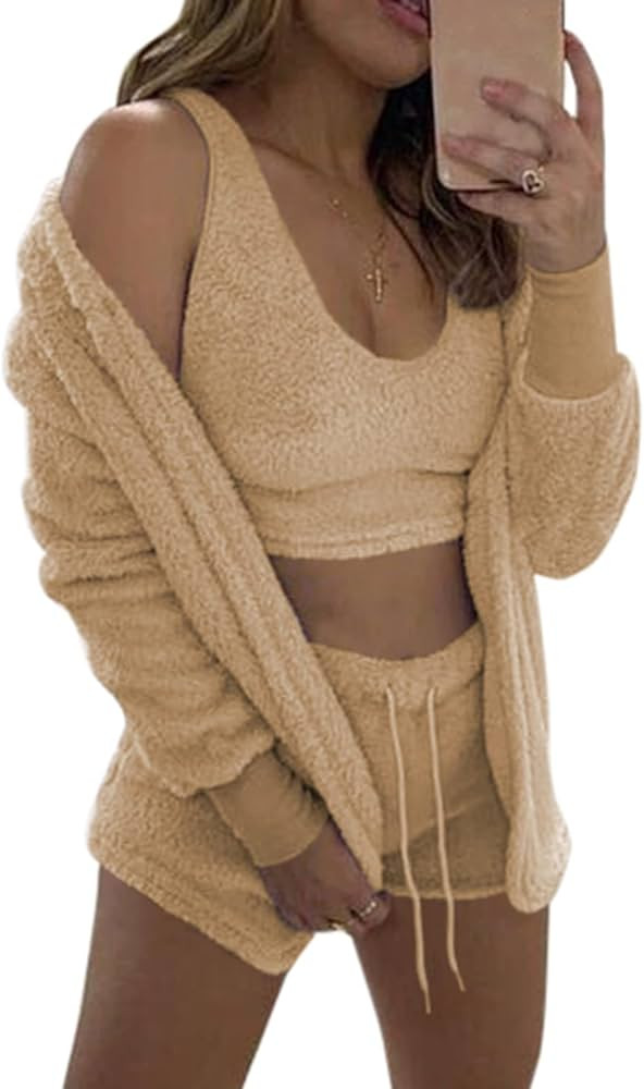 Famnbro Womens Sexy Fuzzy 3 Piece Outfits Fleece Warm Hooded Cardigan Crop Top Shorts Set Pajamas... | Amazon (US)