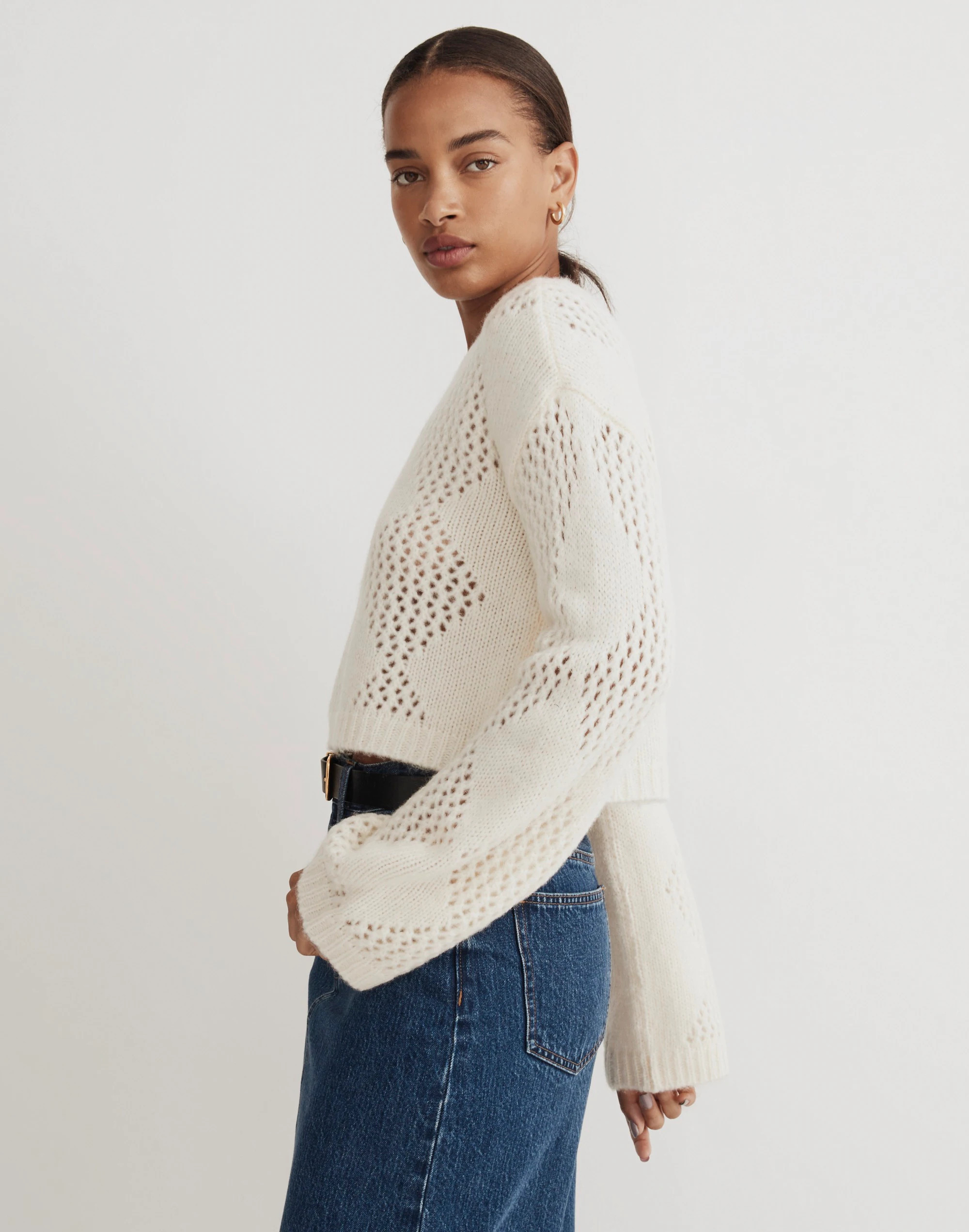 Diamond-Stitch Crewneck Crop Sweater | Madewell