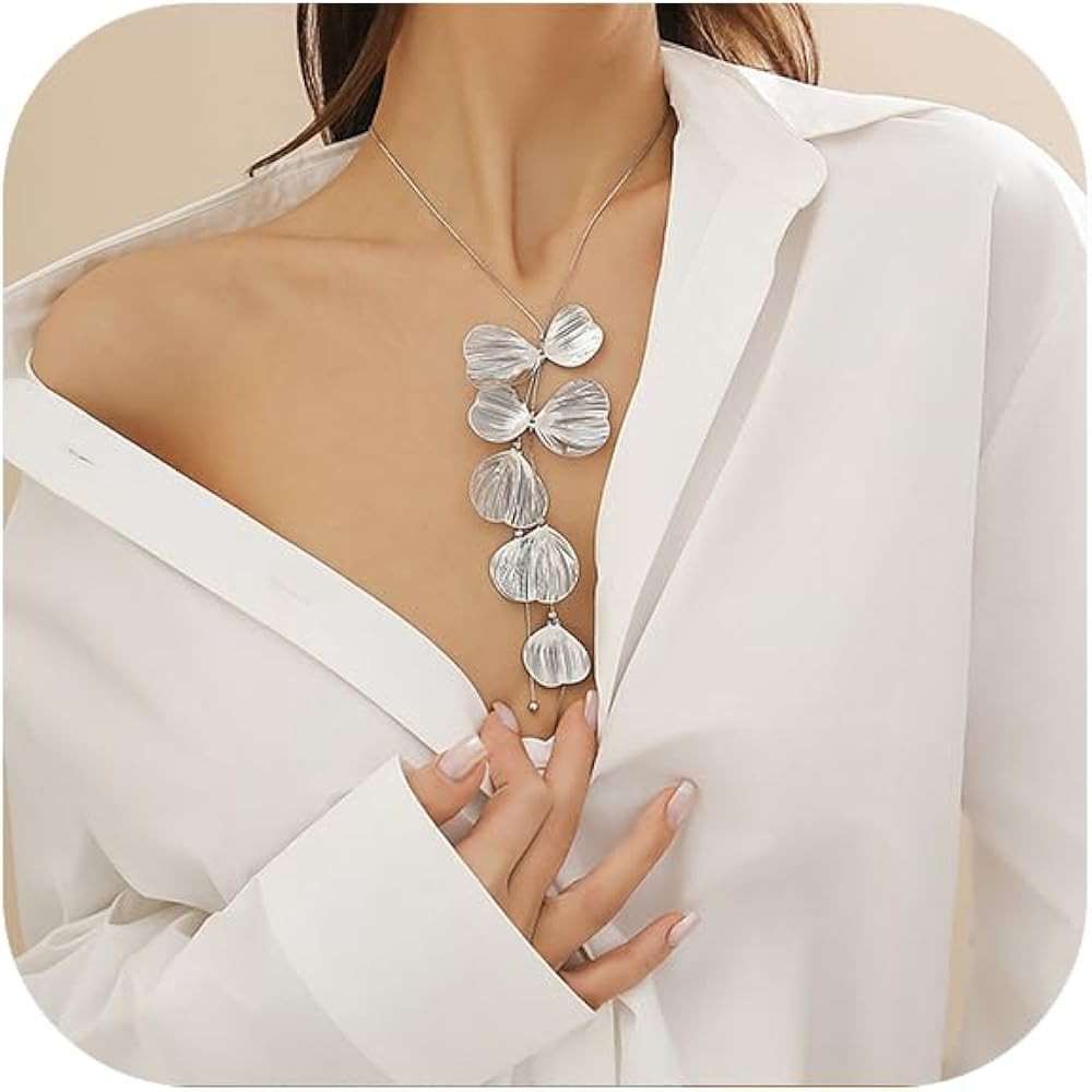 Long Flower Leaf Statement Y Necklace for Women, Dainty Ginkgo Leaf Choker Necklace Bohemian Styl... | Amazon (US)