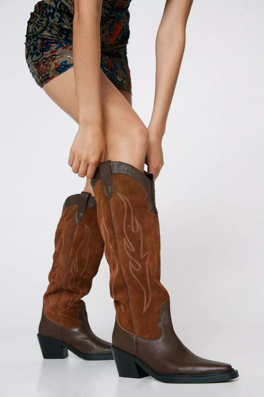 Suede and Leather Knee High Cowboy Boots | Nasty Gal (US)