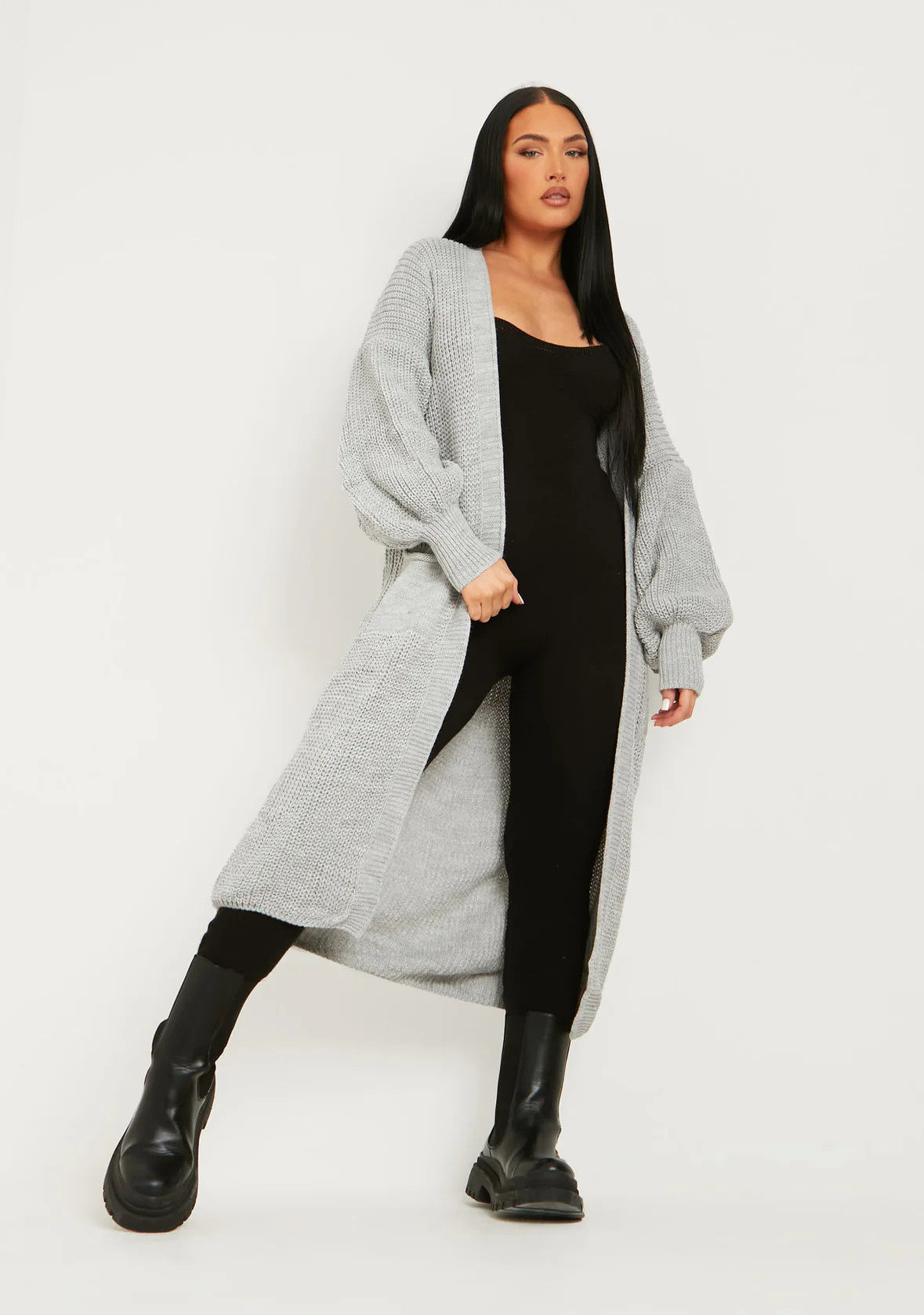 Nathalie Grey Balloon Sleeve Knitted Cardigan | Missy Empire (UK)