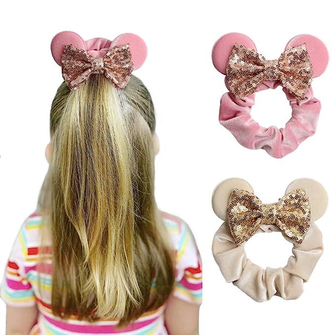 YanJie Women Mouse Ears Sequin Bows Velvet Scrunchies Elastic Rubber Hair Band Cute Hair Ties Rop... | Amazon (US)