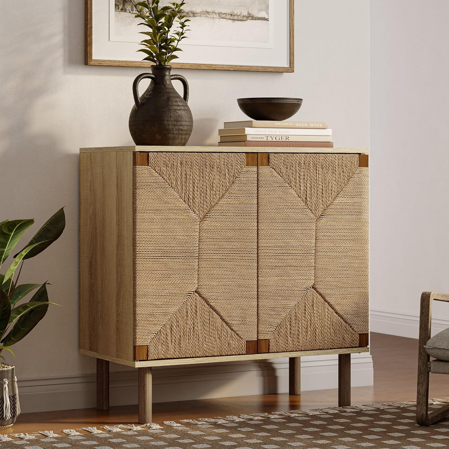 LuxenHome 31" Sideboard Buffet Cabinet with Storage, Seagrass Boho Accent Cabinet, Mid Century Mo... | Amazon (US)