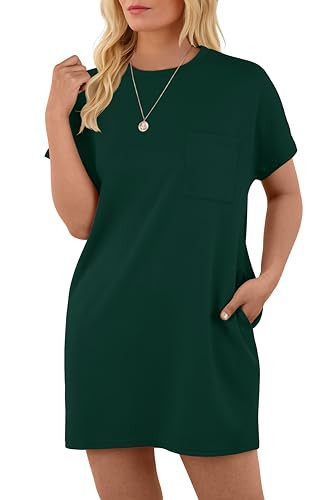 GRECERELLE Women's Casual Summer Mini Beach Dress Short Sleeve Shirt with Pocket for Women(Dark Green,Small) | Amazon (US)