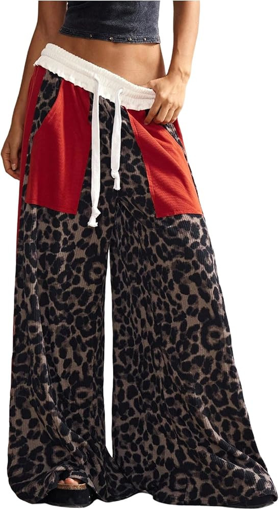 Women's Baggy Sweatpants Color Block Patchwork Wide Leg Sweat Pants Palazzo Flowy Pants Joggers | Amazon (US)