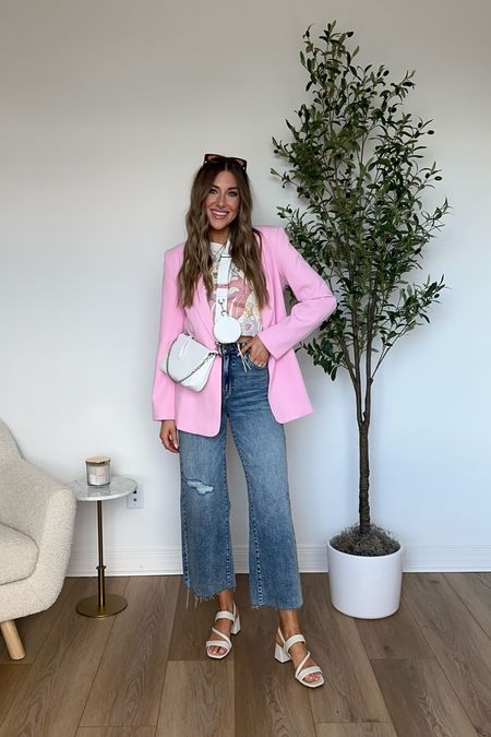 LTK Spring Sale!!! Casual spring outfit. Pink blazer and high rise jeans from VICI are 30% off. Graphic tee from American Eagle are 25% off 

#LTKSpringSale