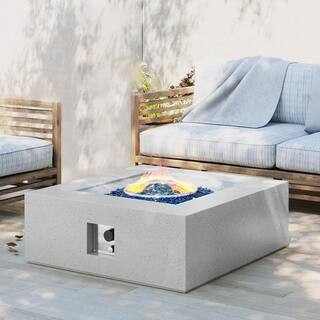 35 in. Square Terrazzo Outdoor Fire Pit Table with Blue Glass Stone and Rain Cover in Off-White | The Home Depot