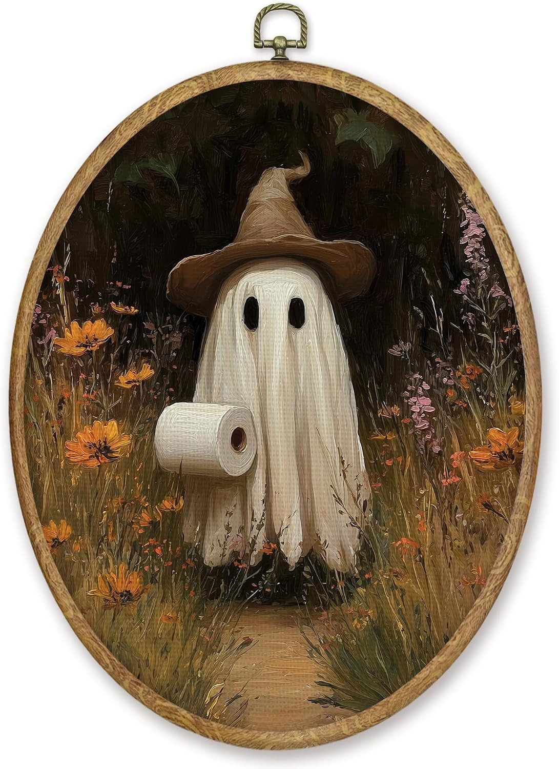 CGBHW Fall Witch Ghost Floral Bathroom Oval Wall Art Prints Decor 8.6x11.4 | Halloween Autumn Ghost Wildflower Canvas Artwork Framed, Moody Witchy Spooky Wall Art Hanging Decor for Bathroom Toilet | Amazon (US)