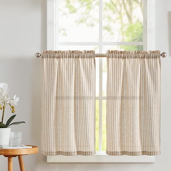 Vangao Stripe Farmhouse Kitchen Curtains 36 Inch Length Linen Cafe Curtains Tickingstripe Tier Cu... | Amazon (US)