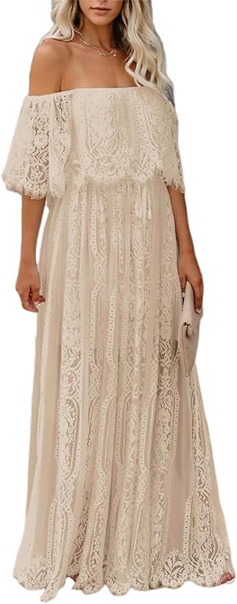 HOYISHION Women's Off The Shoulder Floral Lace Maxi Dress White Bridesmaid Wedding Party Maternit... | Amazon (US)