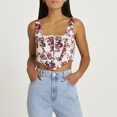 Petite pink floral cropped corset top | River Island (UK & IE)