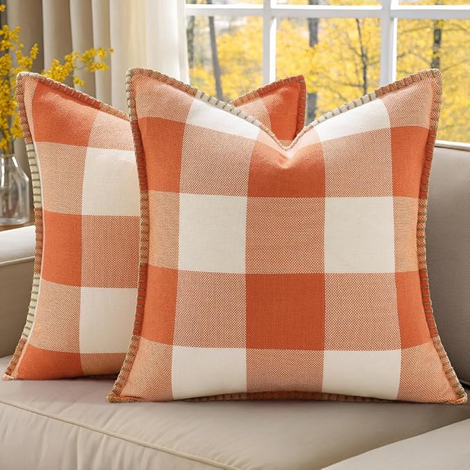 decorUhome Farmhouse Gingham Buffalo Plaid Check Throw Pillow Covers 22x22 Set of 2, Outdoor Fall... | Amazon (US)