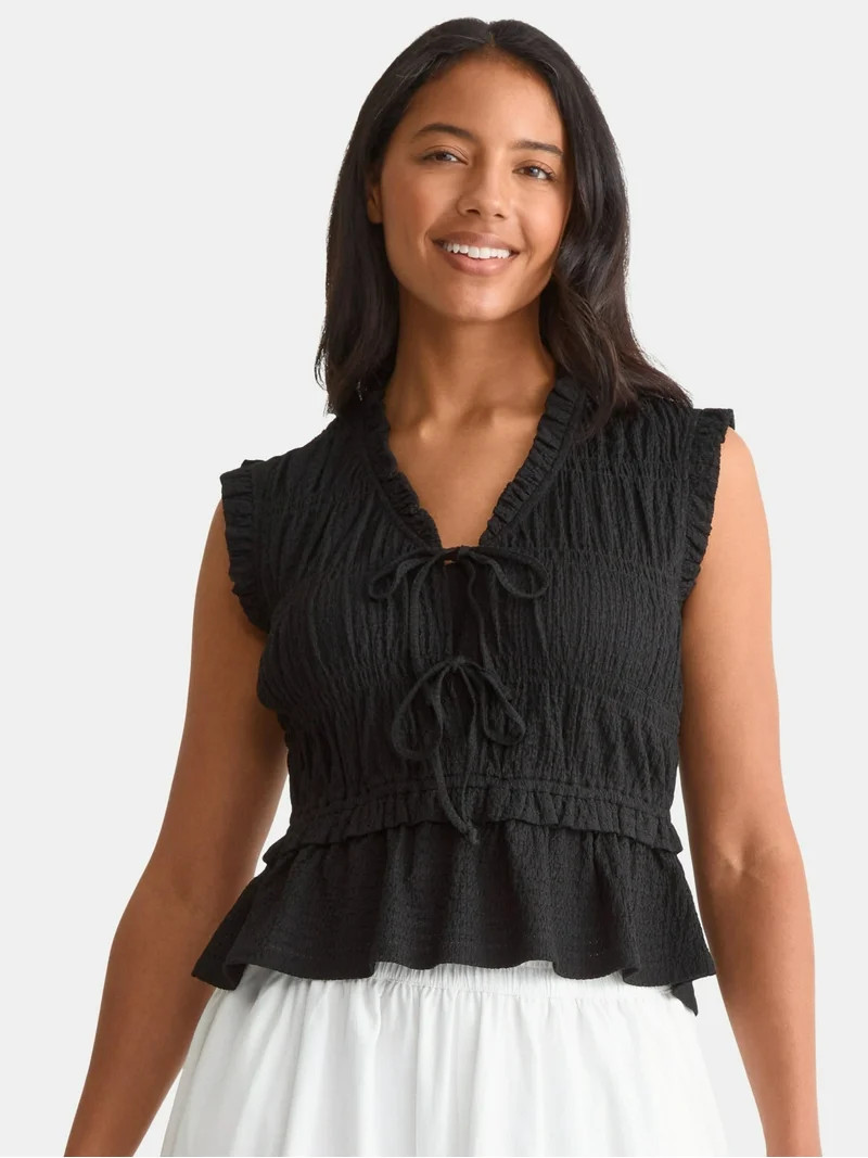 Time and Tru Women's Textured Tie Front Top, Sizes XS-XXXL | Walmart (US)
