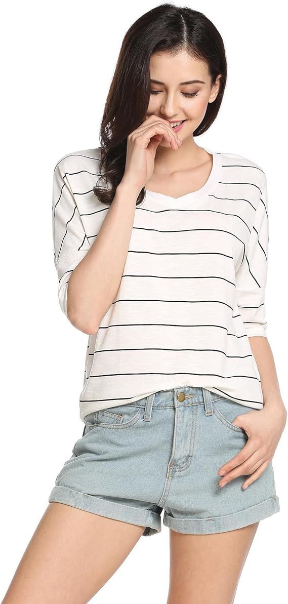 SoTeer Women Black and White Striped Half Sleeve T-Shirt Tops Slim Fit Stripes Tee S-XXL | Amazon (US)