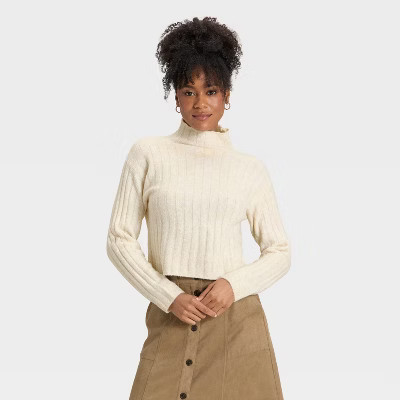 Women's Ribbed Mock Turtleneck Pullover Sweater - Universal Thread™ Cream L | Target