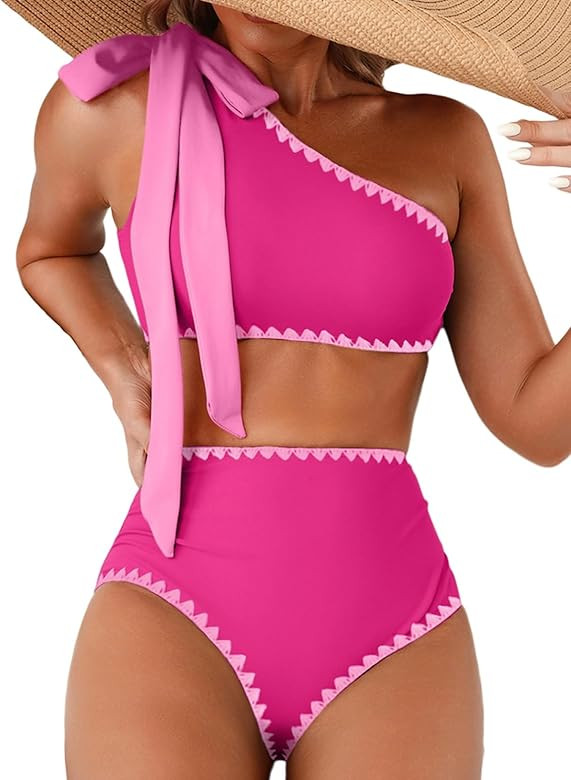 Herseas Women's One Bow Shoulder Bikini Sets 2 Piece Ruched Swimsuit Elegant Bathing Suit | Amazon (US)