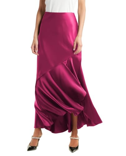 SEBOWEL Women Satin Skirt Silk A Line Swing Ruffle Pleated Cocktail Skirts Silky High Low Tiered Long Maxi Skirt with Split, Rose, XXL | Amazon (US)