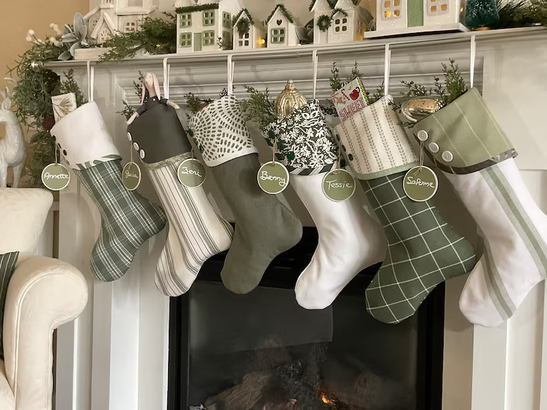 Neutral Christmas Stockings, Personalized Christmas Stockings, Green Farmhouse Christmas Socks, L... | Etsy (US)
