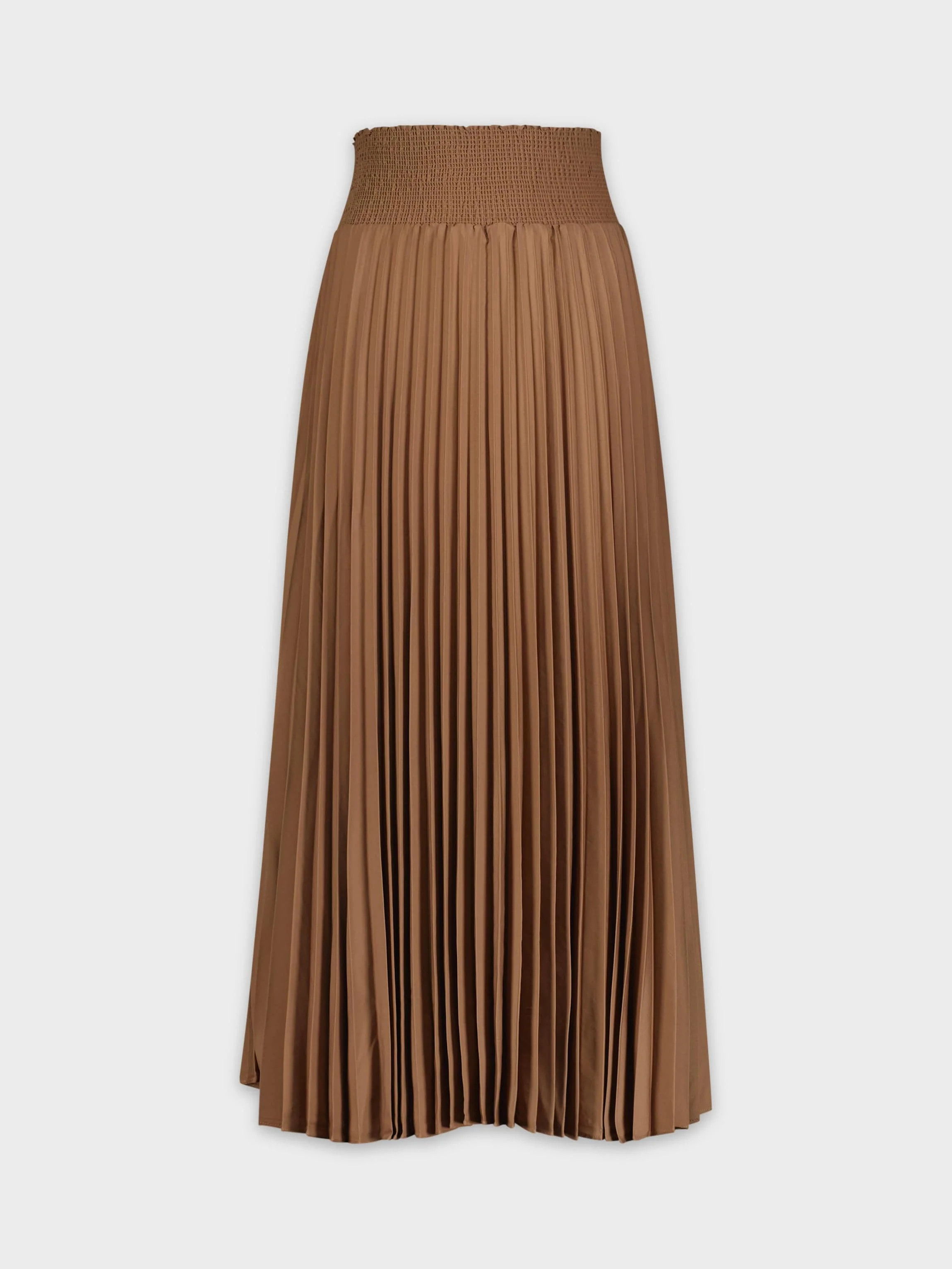 SHIRRED WAIST PLEATED SKIRT (LONG)-BROWN | Fame On central
