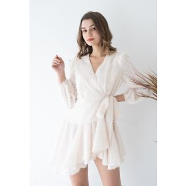 Fuzzy Wrapped Bowknot Asymmetric Mini Dress in Cream | Chicwish