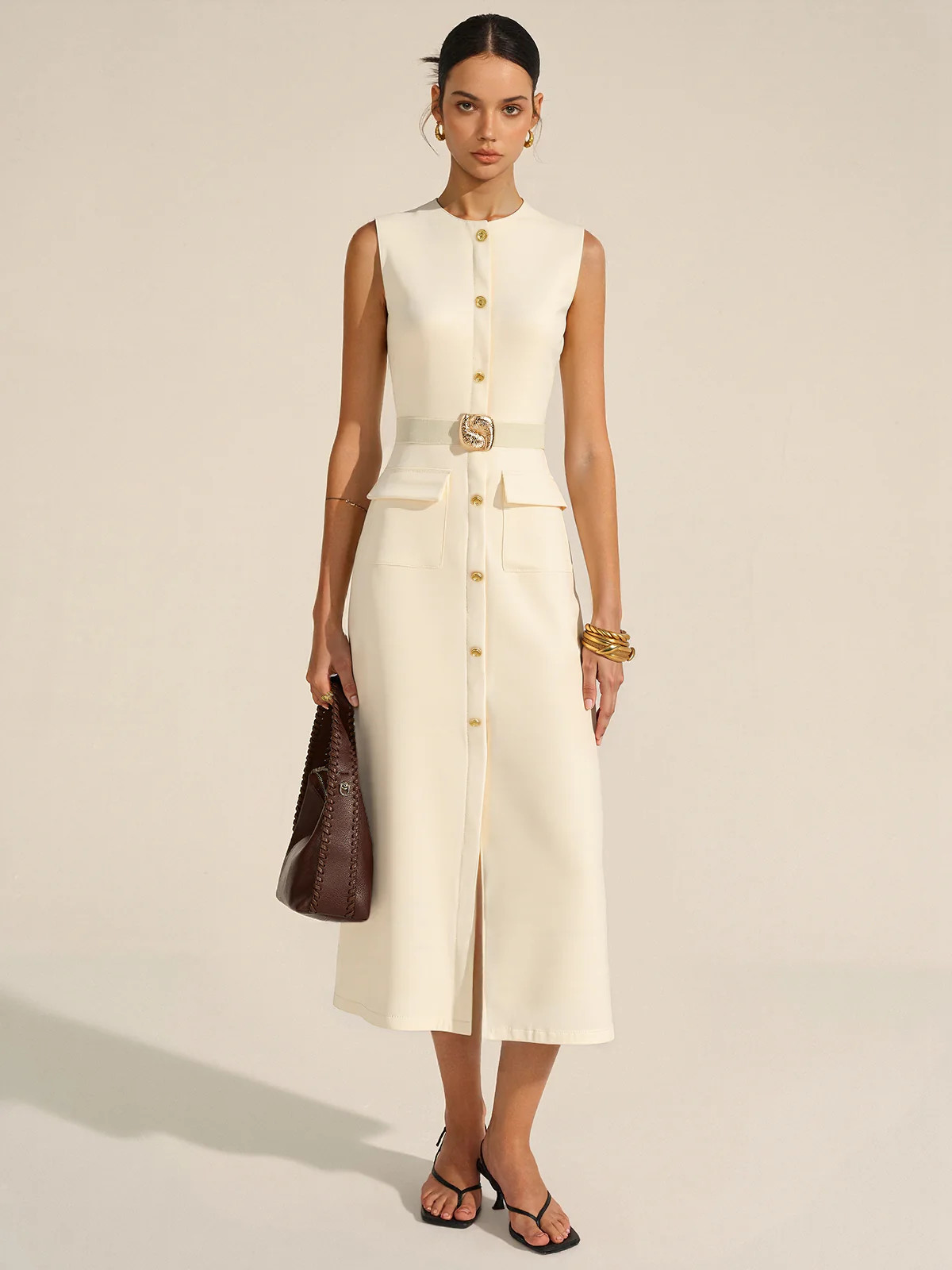 Button-Front Belted Maxi Dress | Commense